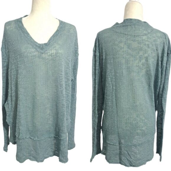 We The Free People Women Mint Ocean Air Hacci Top Long Sleeves Raw Edge Sz Small - Picture 6 of 8